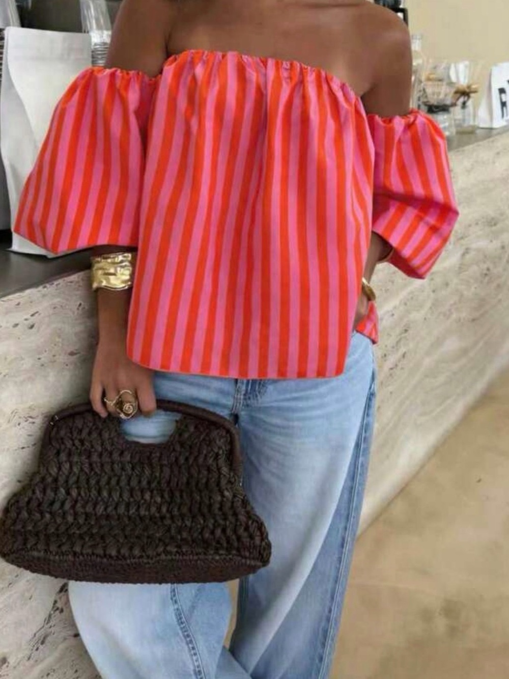 Off-Shoulder Red and Pink Striped Blouse